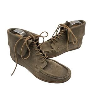 Frye Quincy Bootie Tan Gray Suede Leather Lace Up Mocassin Chukka Ankle Boot